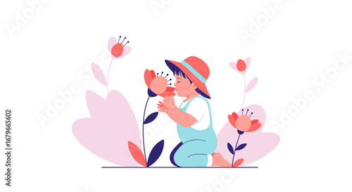 Illustration of a child smelling a flower in a field of flowers with a hat on  illustration