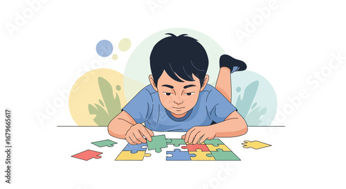 Illustration of a child solving a jigsaw puzzle, focused on concentration and problem-solving skills