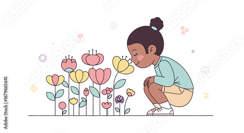 Illustration of a child smelling flowers in a garden enjoying the natural beauty