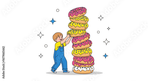 Illustration of a child stacking colorful donuts happily, a perfect visual for food concepts.