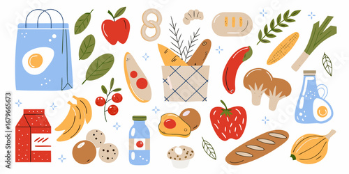 A vibrant collection of fresh food items and groceries in a charming flat illustration style