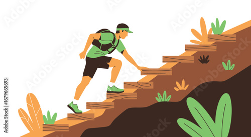 Illustration of a man climbing stairs outdoors representing progress and hard work