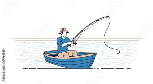 Illustration of a man fishing from a boat on a sunny day with a fishing rod, line and reel