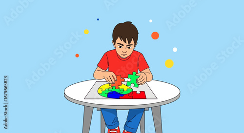 Illustration of a child working on a puzzle, promoting problem-solving and mental training
