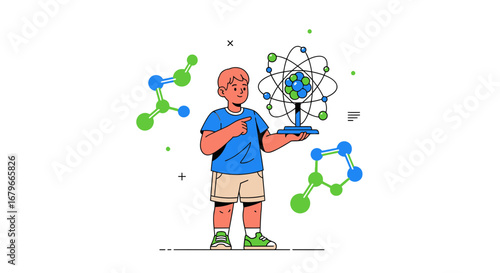 Illustration of a child with an atom model exploring science and scientific concepts