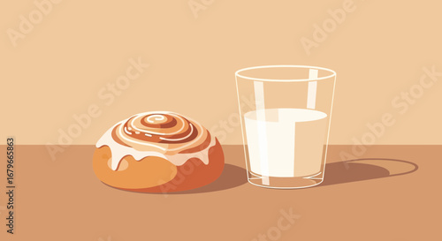 Illustration of a cinnamon roll and a glass of milk on a tabletop background