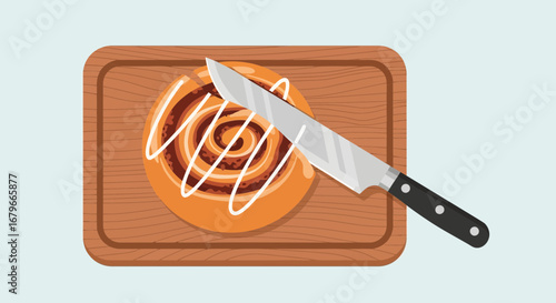 Illustration of a cinnamon roll with icing on a wooden cutting board with a knife