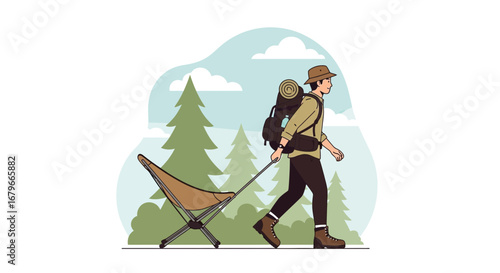 Illustration of a Man Hiking and Carting a Chair Through a Forest Scene