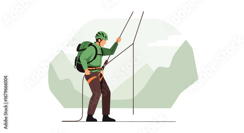 Illustration of a climber rappelling down a mountain using safety ropes and equipment