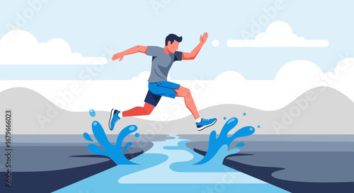 Illustration of a Man Jumping Across Water Representing Achievement and Overcoming Obstacles