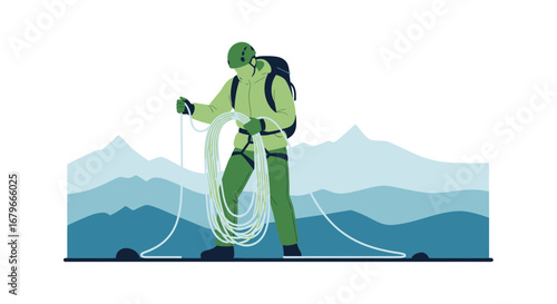 Illustration of a climber preparing for a mountain climb with rope and equipment