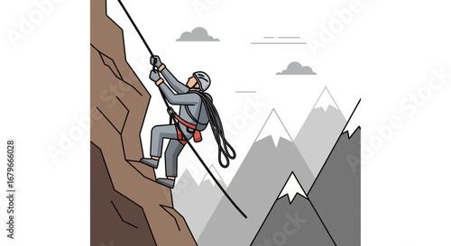 Illustration of a climber rappelling down a mountain with other mountains in the background