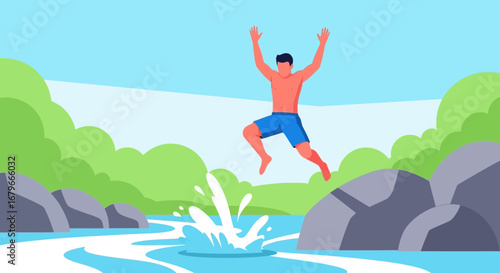 Illustration of a man jumping into the water in a vibrant environment