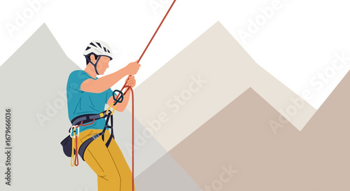 Illustration of a climber rappelling down a mountain with safety gear and ropes