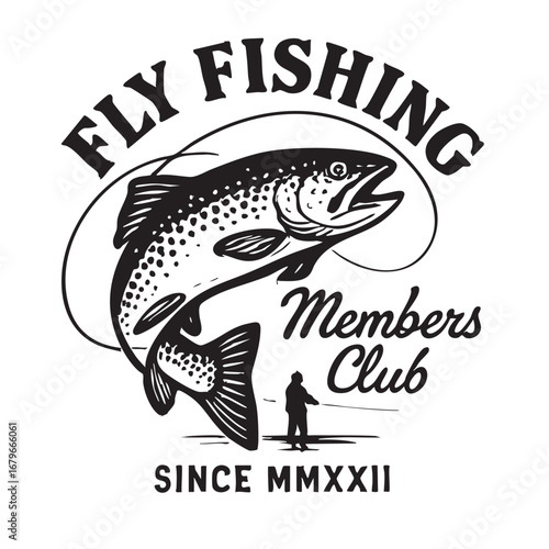 Vintage fly fishing members club emblem featuring a leaping trout and angler illustration