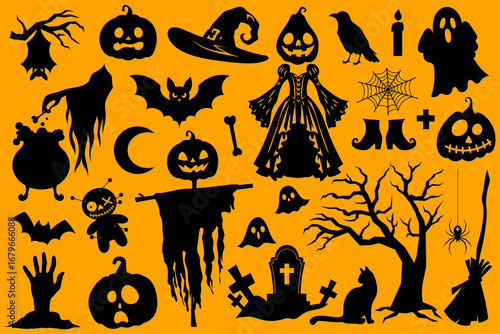 Set of black Halloween silhouettes on orange. Collection decorative elements for parties, background, invitations and other thematic designs.