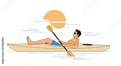 Illustration of a man kayaking on a lake enjoying outdoor leisure activities and sunshine