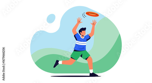 Illustration of a man playing frisbee outdoor in the park and having fun