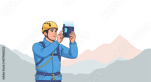 Illustration of a climber using a gps device in front of a mountain range