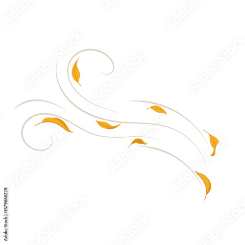 Autumn leaves flying in the air flow. Windy weather. Autumn decorative element for seasonal and nature design projects.