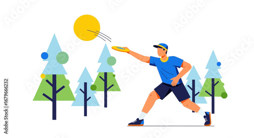 Illustration of a man playing disc golf in a stylized geometric forest setting