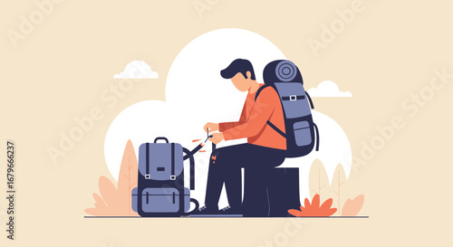 Illustration of a man preparing his backpack for a hike adventure in the camping
