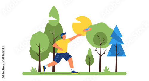 Illustration of a man playing frisbee outdoors in the park on a sunny day