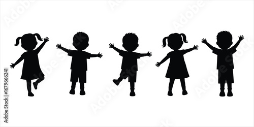 Five diverse children silhouettes with arms raised on white background Keywords: children, kids