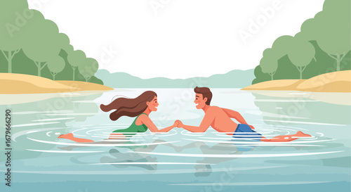 Illustration of a couple holding hands while swimming in a lake on a summer day