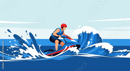 Illustration of a man riding a jet ski in the ocean with waves and blue sky