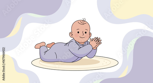 Illustration of a cute baby lying on the stomach with hands together in prayer position