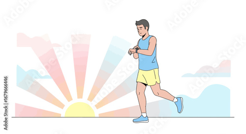 Illustration of a man running and checking his smartwatch at sunrise, healthy lifestyle