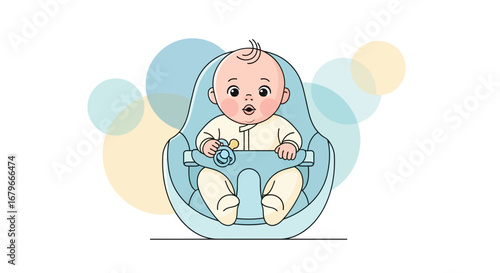 Illustration of a Cute Baby Sitting in a Safety Car Seat with Pacifier