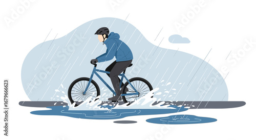 Illustration of a cyclist riding a bicycle through a puddle during a rainy day