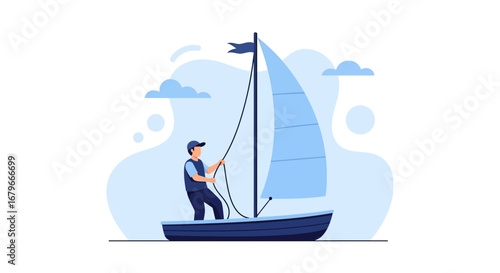 Illustration of a man sailing a boat with a blue sail under a cloudy sky