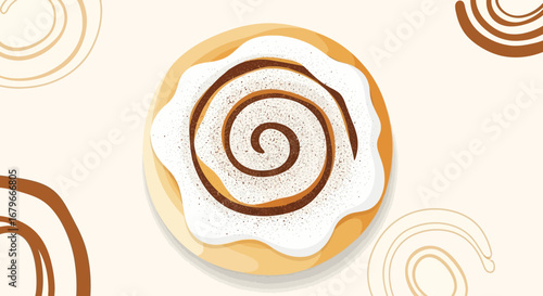 Illustration of a delicious cinnamon roll with icing on a cream-colored background