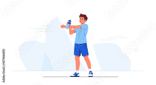 Illustration of a man stretching and holding a water bottle, ready for exercise