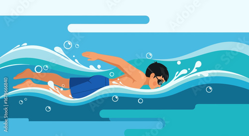 Illustration of a man swimming freestyle in a stylized pool with water waves