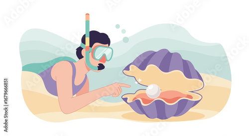 Illustration of a diver discovering a pearl inside an open seashell in the ocean