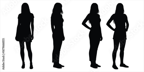 Four Female Silhouettes In Different Poses On White Background woman women