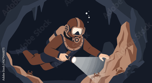 Illustration of a diver exploring an underwater cave with a flashlight and crabs