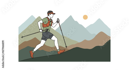 Illustration of a man trail running in the mountains with a backpack and poles