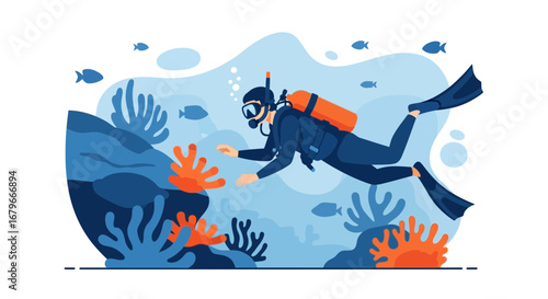 Illustration of a diver exploring the underwater world near coral reefs vector design