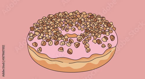 Illustration of a donut with pink frosting and nuts on a pink background