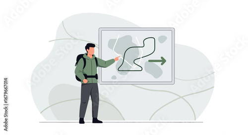Illustration of a man with a backpack pointing at a map on the wall