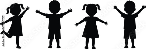 Happy Children Silhouettes with Arms Raised on White Background kids boys