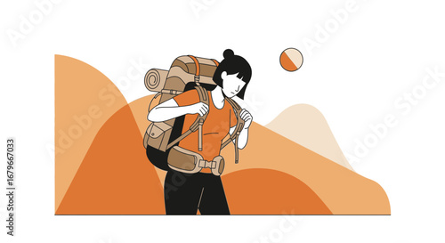 Illustration of a Female Hiker Carrying Backpack and Hiking Outdoors During a Trip