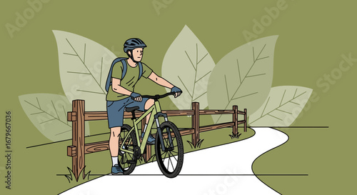 Illustration of a man with his bicycle on a scenic trail near a wooden fence