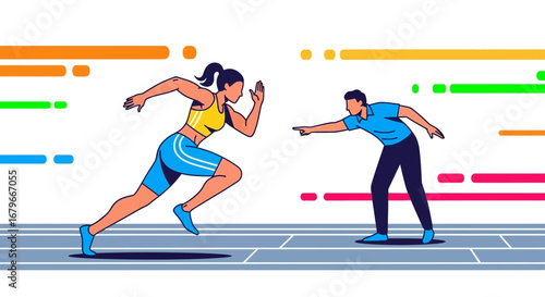 Illustration of a female athlete sprinting on a track with a coach pointing forward