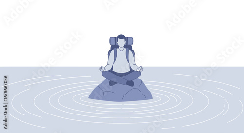 Illustration of a meditating backpacker on a rock in water creating ripple circles